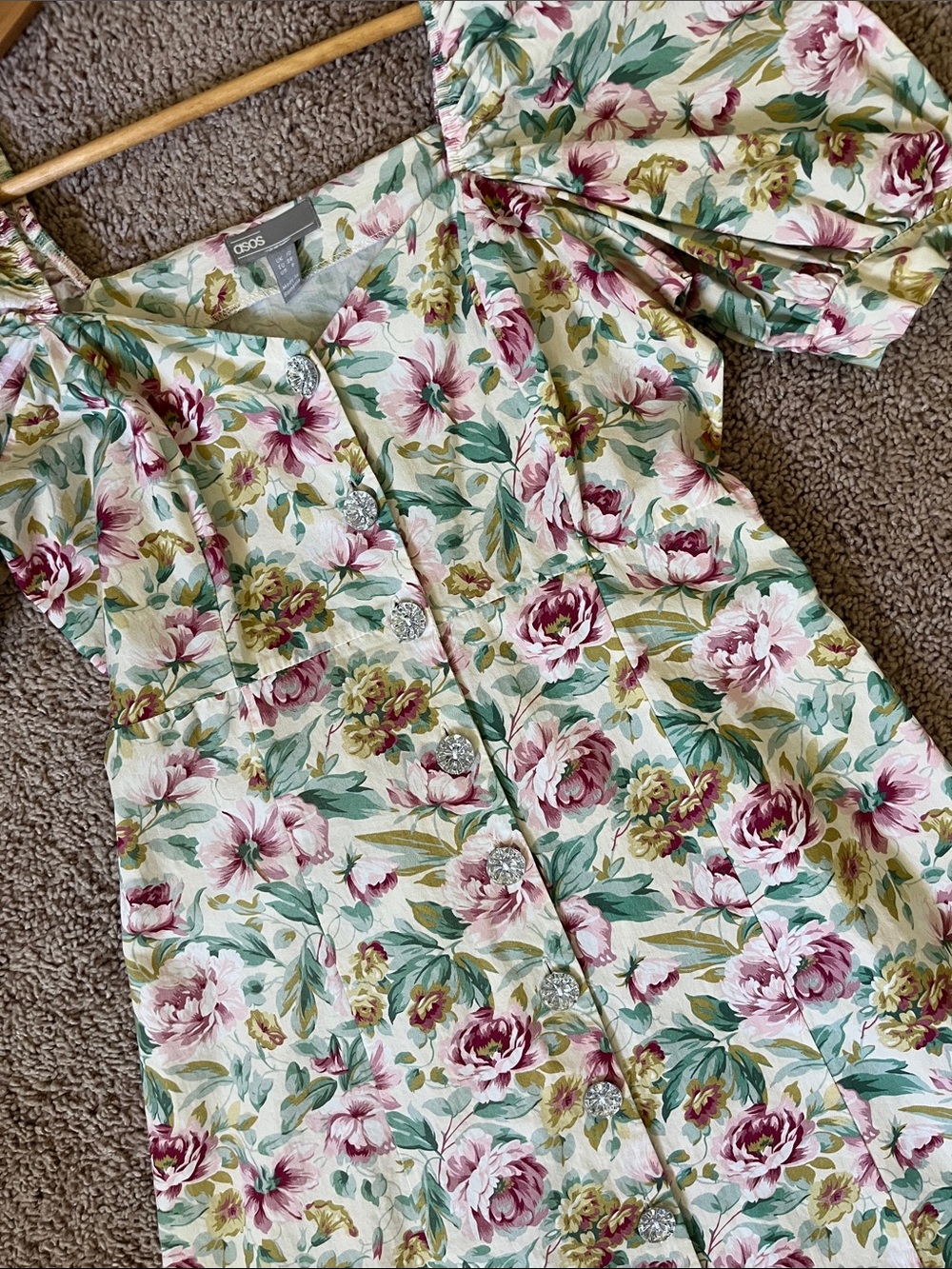 ASOS Puff Sleeve Floral Button-Front Midi Dress in Pink, Green & Cream - Picture 4 of 16